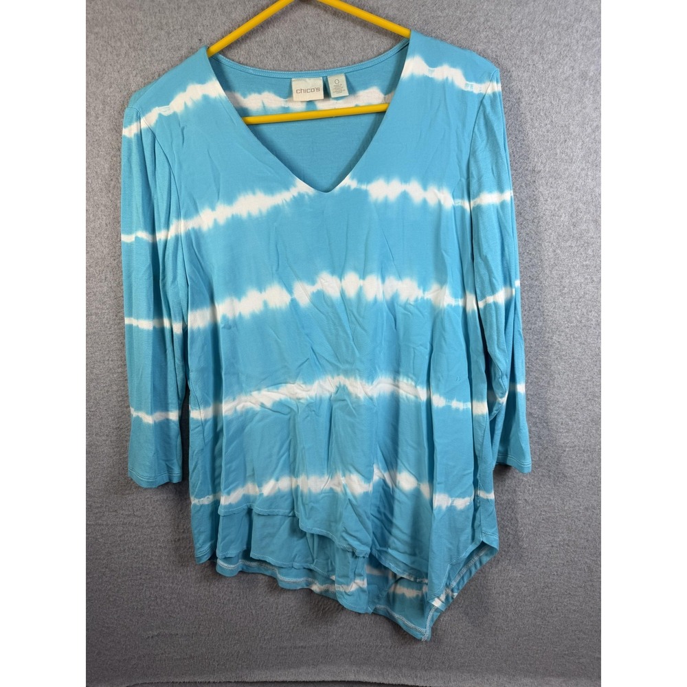 Chicos Shirt Womens S/4 (Chicos 0) Blue Tie Dye Stripe 3/4 Sleeve Sharkbite
